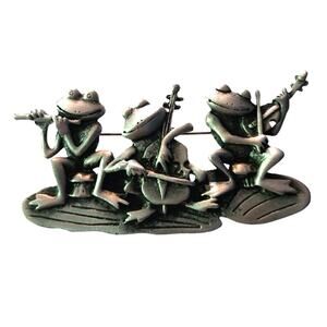Vtg 1980s JJ Jonette Pewter Frog Musician Trio Pin Brooch